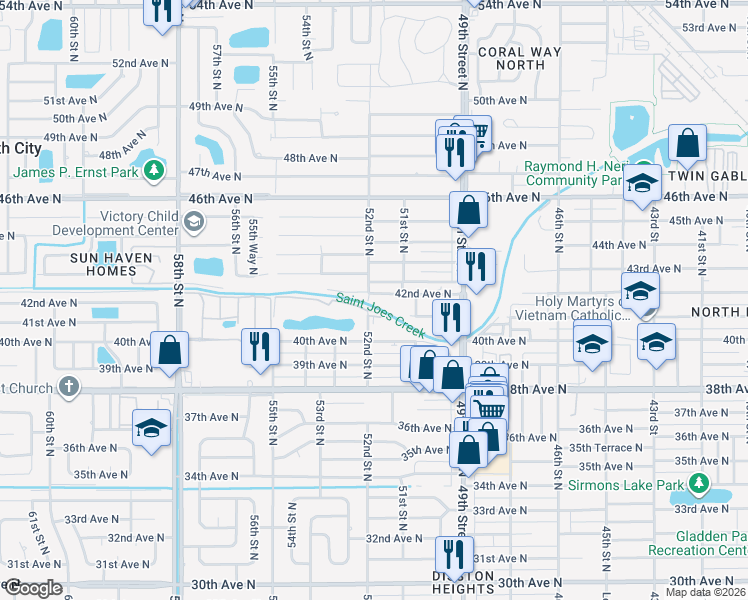 map of restaurants, bars, coffee shops, grocery stores, and more near 5180 42nd Avenue North in St. Petersburg