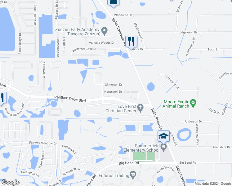map of restaurants, bars, coffee shops, grocery stores, and more near 11815 Harpswell Drive in Riverview