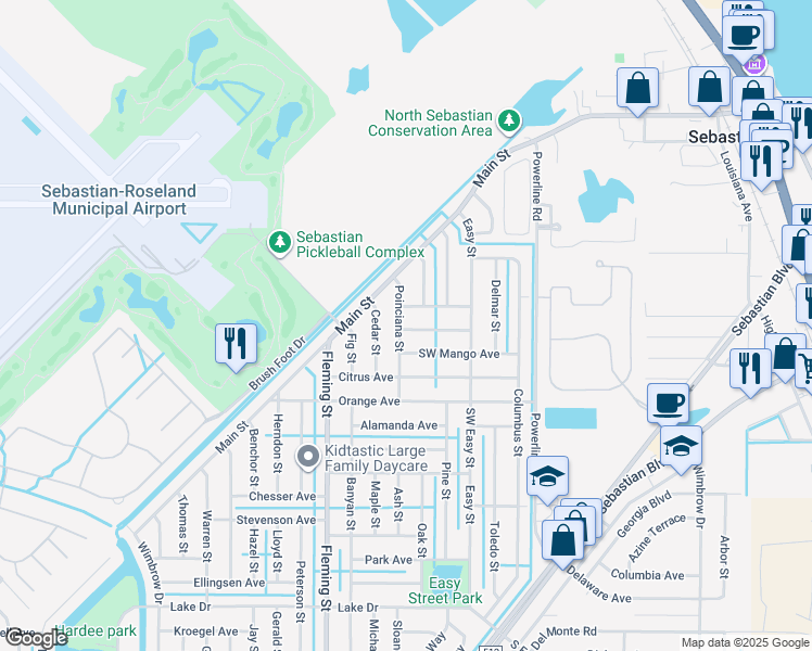map of restaurants, bars, coffee shops, grocery stores, and more near 492 Southwest Avocado Avenue in Sebastian