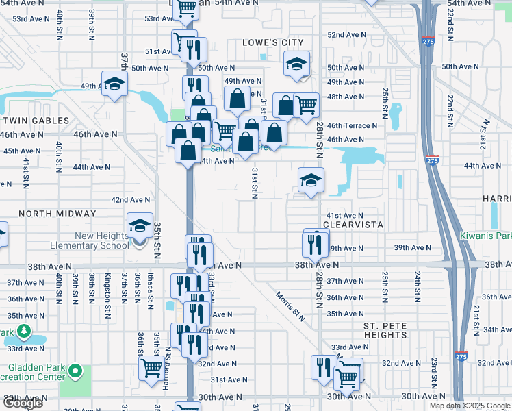 map of restaurants, bars, coffee shops, grocery stores, and more near 4177 31st Street North in St. Petersburg