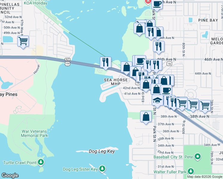 map of restaurants, bars, coffee shops, grocery stores, and more near 8521 42nd Avenue North in St. Petersburg