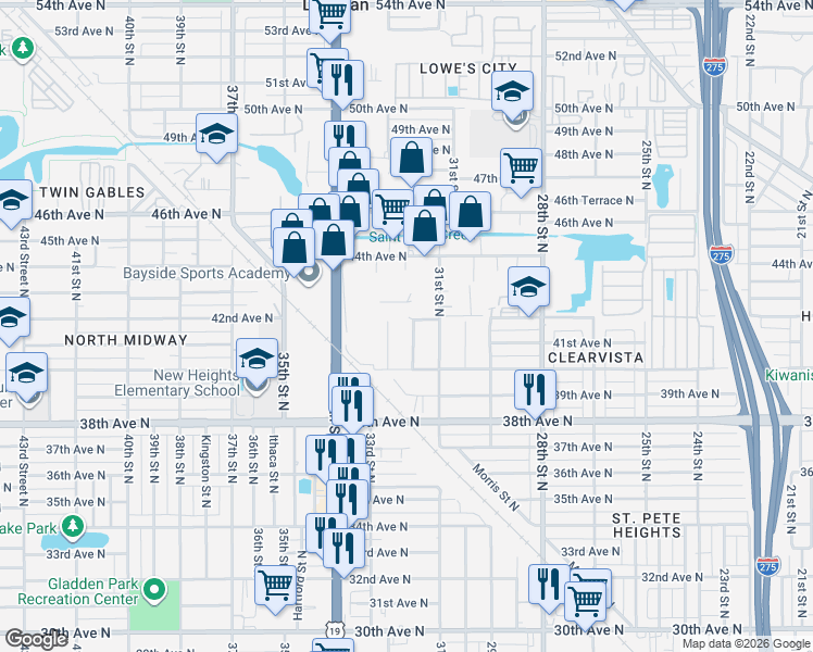map of restaurants, bars, coffee shops, grocery stores, and more near 4141 Fargo Street North in St. Petersburg