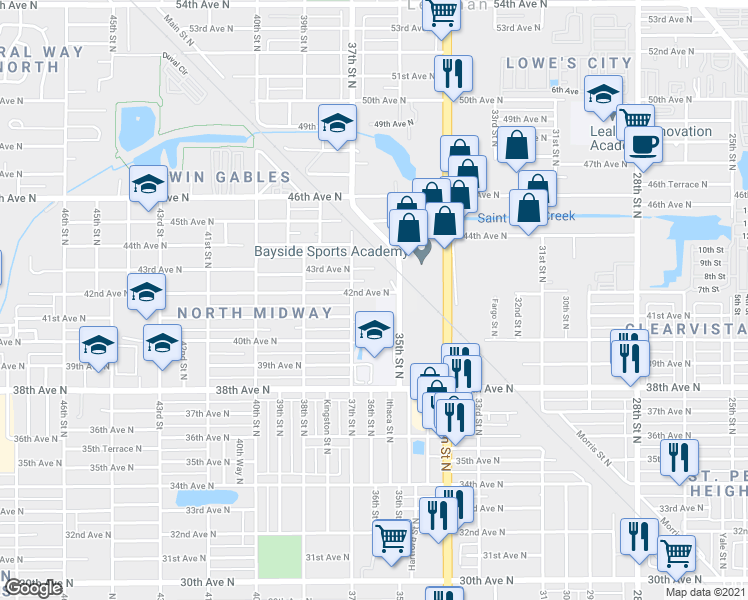 map of restaurants, bars, coffee shops, grocery stores, and more near 3616 42nd Avenue North in St. Petersburg