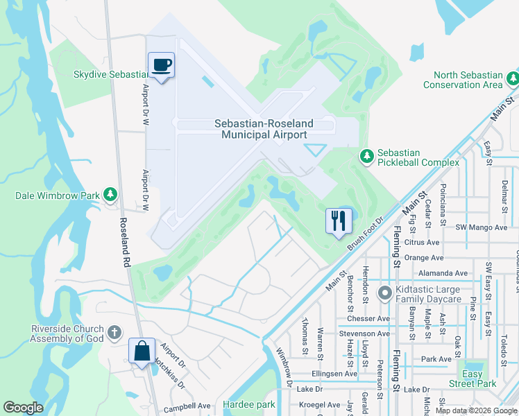 map of restaurants, bars, coffee shops, grocery stores, and more near 598 Gossamer Wing Way in Sebastian