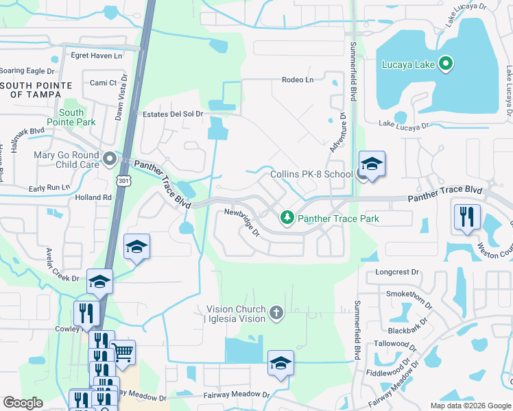map of restaurants, bars, coffee shops, grocery stores, and more near 12515 Bramfield Drive in Riverview