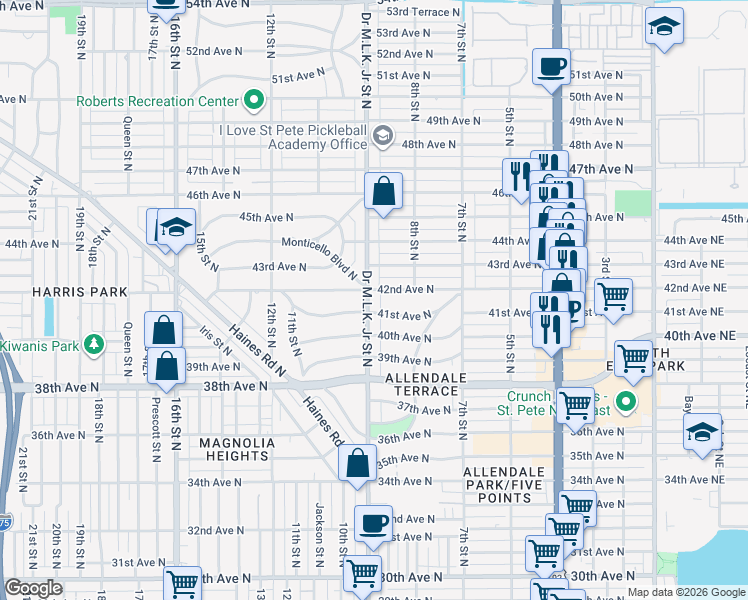 map of restaurants, bars, coffee shops, grocery stores, and more near 915 41st Avenue North in St. Petersburg