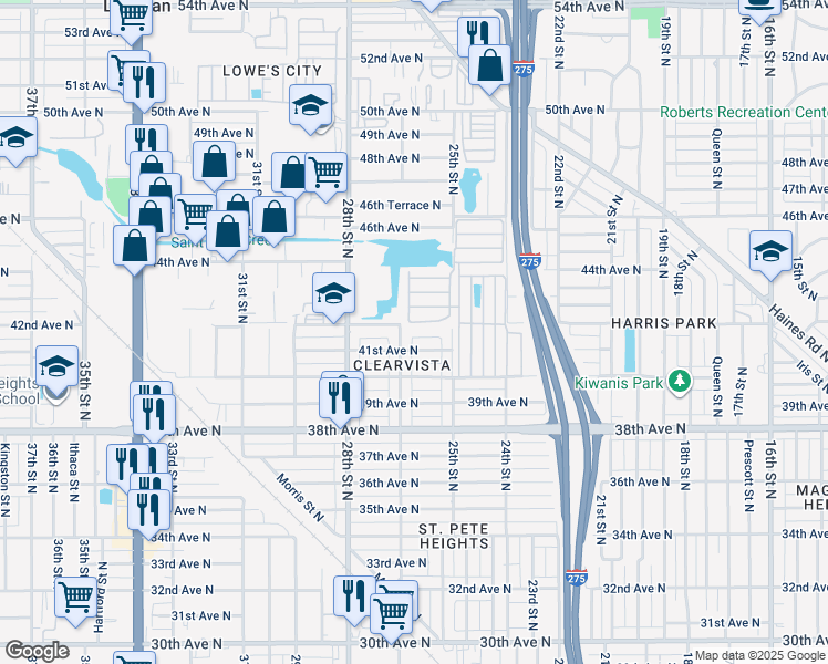 map of restaurants, bars, coffee shops, grocery stores, and more near 4140 26th Street North in St. Petersburg