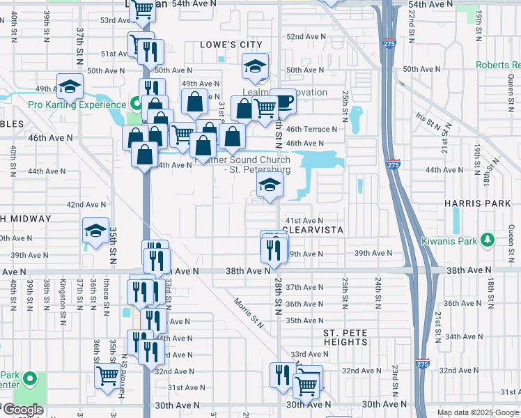 map of restaurants, bars, coffee shops, grocery stores, and more near 2814 42nd Avenue North in St. Petersburg
