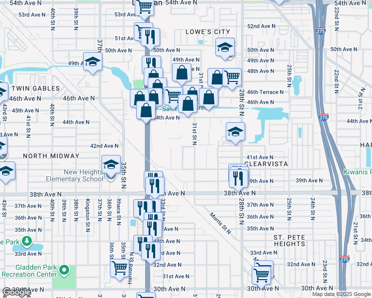 map of restaurants, bars, coffee shops, grocery stores, and more near 4177 31st Street North in St. Petersburg