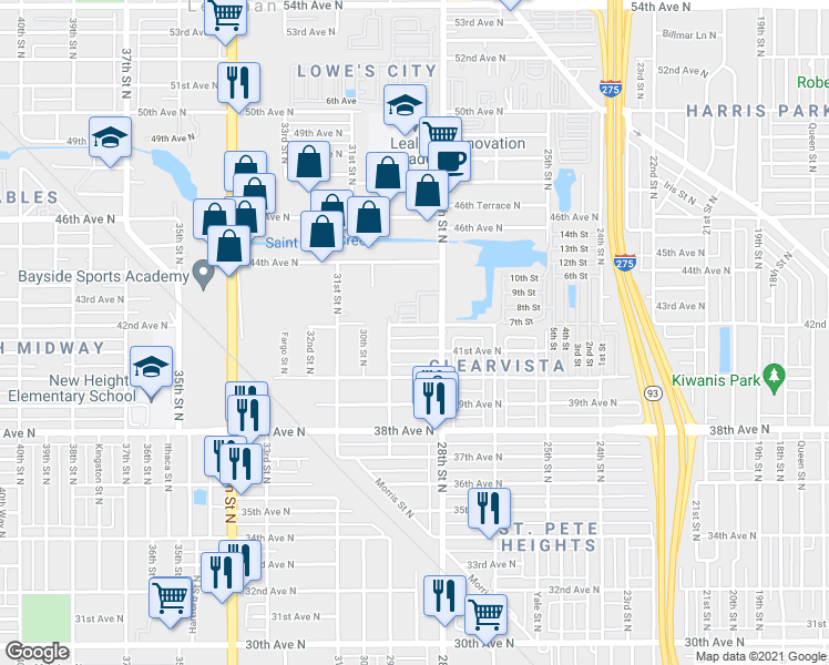 map of restaurants, bars, coffee shops, grocery stores, and more near 2814 42nd Ave N in St Petersburg