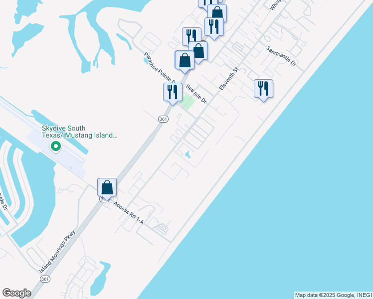map of restaurants, bars, coffee shops, grocery stores, and more near 2725 Eleventh Street in Port Aransas