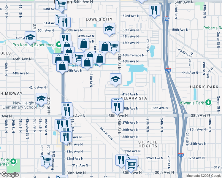 map of restaurants, bars, coffee shops, grocery stores, and more near 2816 42nd Avenue North in Saint Petersburg