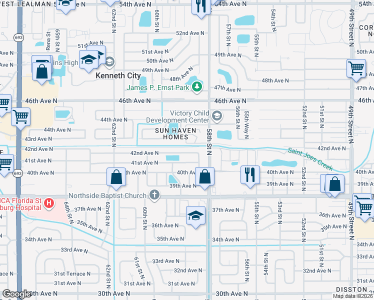 map of restaurants, bars, coffee shops, grocery stores, and more near 5871 42nd Avenue North in St. Petersburg