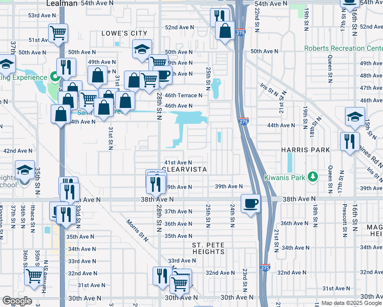 map of restaurants, bars, coffee shops, grocery stores, and more near 2564 42nd Avenue North in St. Petersburg