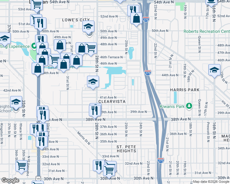 map of restaurants, bars, coffee shops, grocery stores, and more near 4140 26th Street North in St. Petersburg