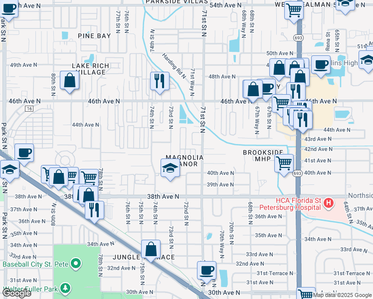 map of restaurants, bars, coffee shops, grocery stores, and more near 4358 72nd Street North in St. Petersburg