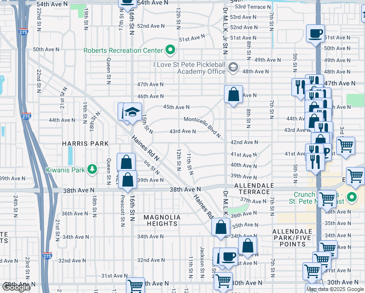 map of restaurants, bars, coffee shops, grocery stores, and more near 1078 42nd Avenue North in St. Petersburg