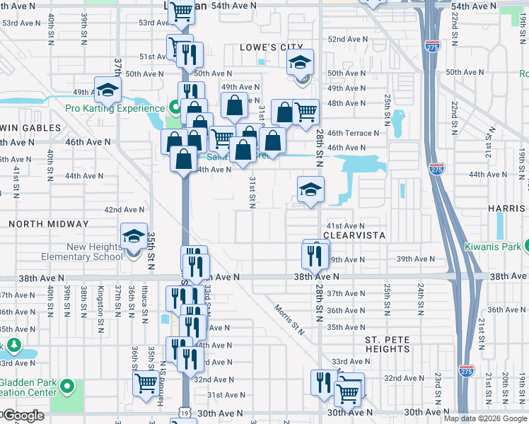 map of restaurants, bars, coffee shops, grocery stores, and more near 4199 30th Street North in St. Petersburg