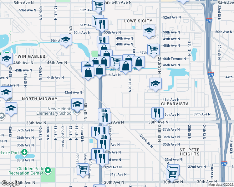 map of restaurants, bars, coffee shops, grocery stores, and more near 4141 Fargo Street North in St. Petersburg