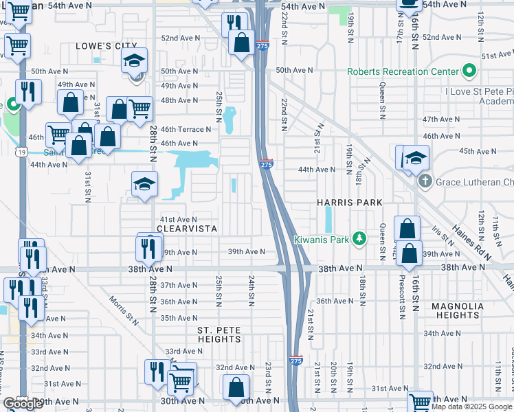 map of restaurants, bars, coffee shops, grocery stores, and more near 2334 42nd Avenue North in St. Petersburg