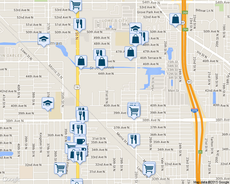 map of restaurants, bars, coffee shops, grocery stores, and more near 4199 30th St N in St Petersburg