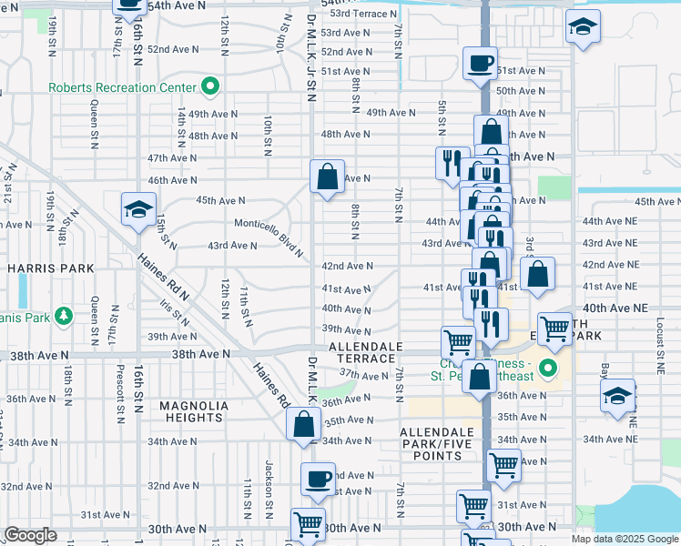 map of restaurants, bars, coffee shops, grocery stores, and more near 850 42nd Avenue North in St. Petersburg
