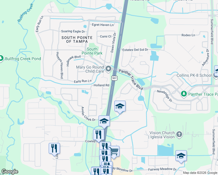 map of restaurants, bars, coffee shops, grocery stores, and more near 10430 Red Carpet Court in Riverview