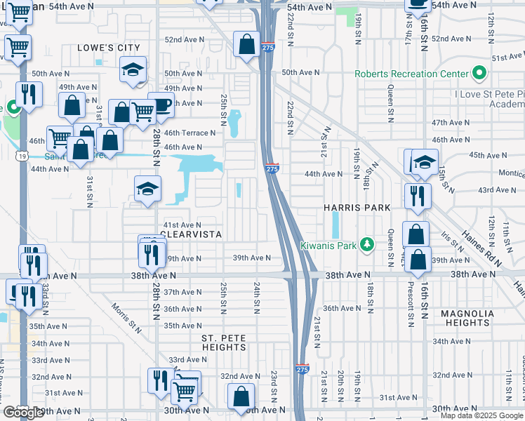 map of restaurants, bars, coffee shops, grocery stores, and more near 2334 42nd Avenue North in St. Petersburg