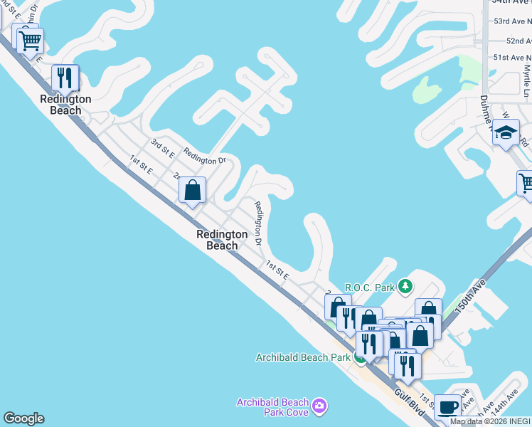 map of restaurants, bars, coffee shops, grocery stores, and more near 15805 Redington Drive in Redington Beach