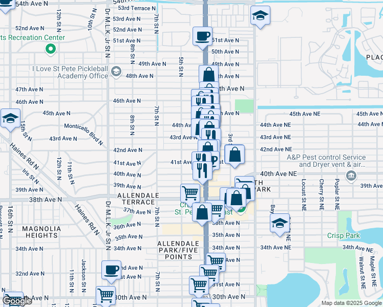 map of restaurants, bars, coffee shops, grocery stores, and more near 468 42nd Avenue North in Saint Petersburg