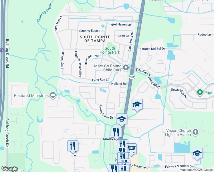 map of restaurants, bars, coffee shops, grocery stores, and more near 10314 Holland Road in Riverview