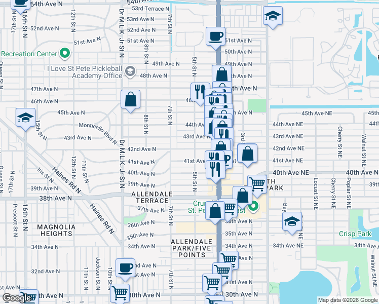 map of restaurants, bars, coffee shops, grocery stores, and more near 506 42nd Avenue North in Saint Petersburg