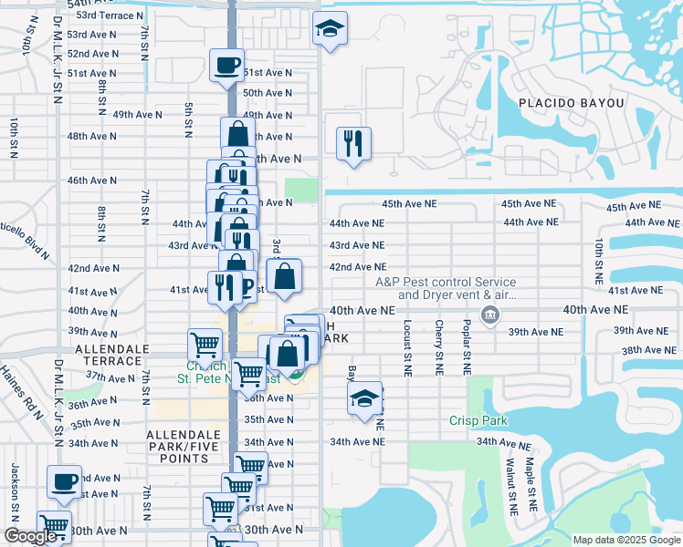 map of restaurants, bars, coffee shops, grocery stores, and more near 132 42nd Avenue North in St. Petersburg