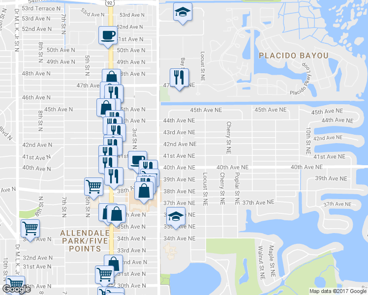 map of restaurants, bars, coffee shops, grocery stores, and more near 4117 Bay Street Northeast in Saint Petersburg