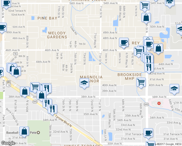 map of restaurants, bars, coffee shops, grocery stores, and more near 4202 72nd Street North in Saint Petersburg