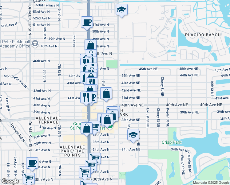 map of restaurants, bars, coffee shops, grocery stores, and more near 120 42nd Avenue North in St. Petersburg