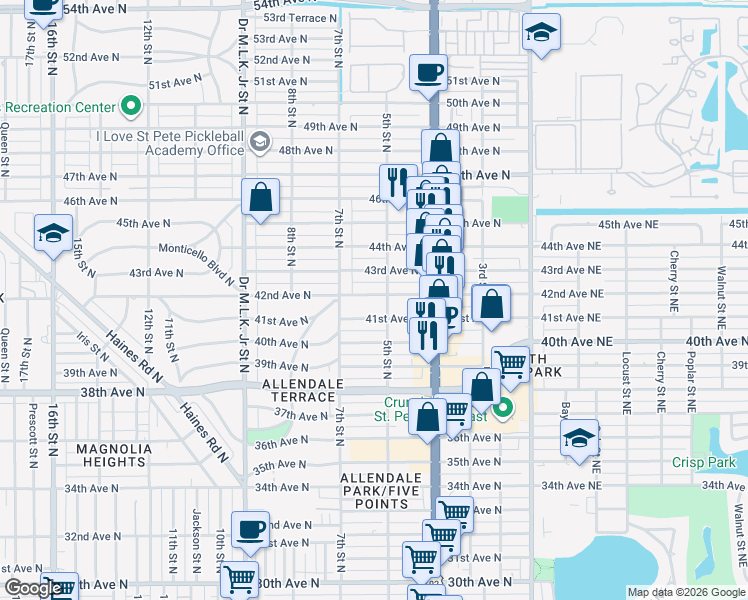map of restaurants, bars, coffee shops, grocery stores, and more near 506 42nd Avenue North in St. Petersburg