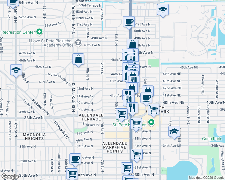 map of restaurants, bars, coffee shops, grocery stores, and more near 506 42nd Avenue North in St. Petersburg