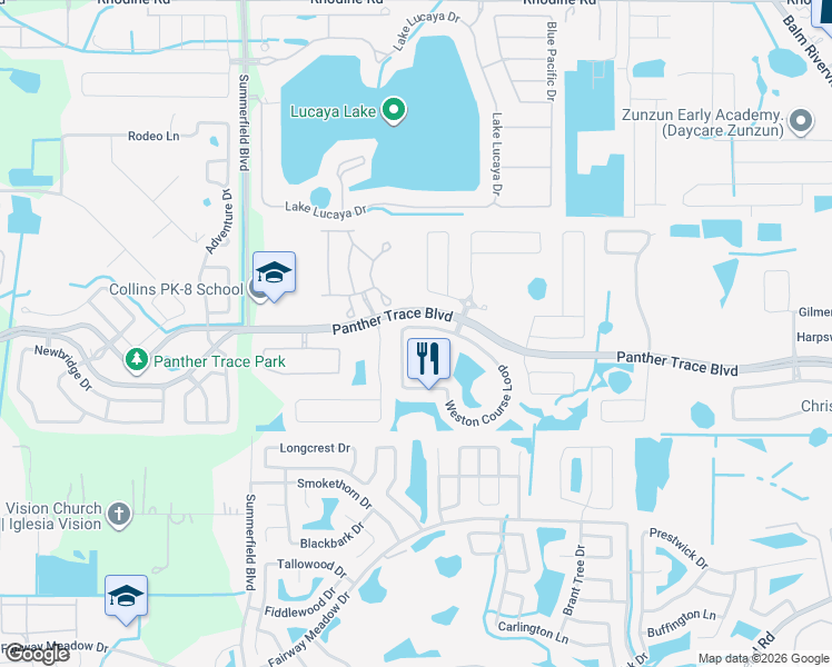 map of restaurants, bars, coffee shops, grocery stores, and more near 11422 Weston Course Loop in Riverview