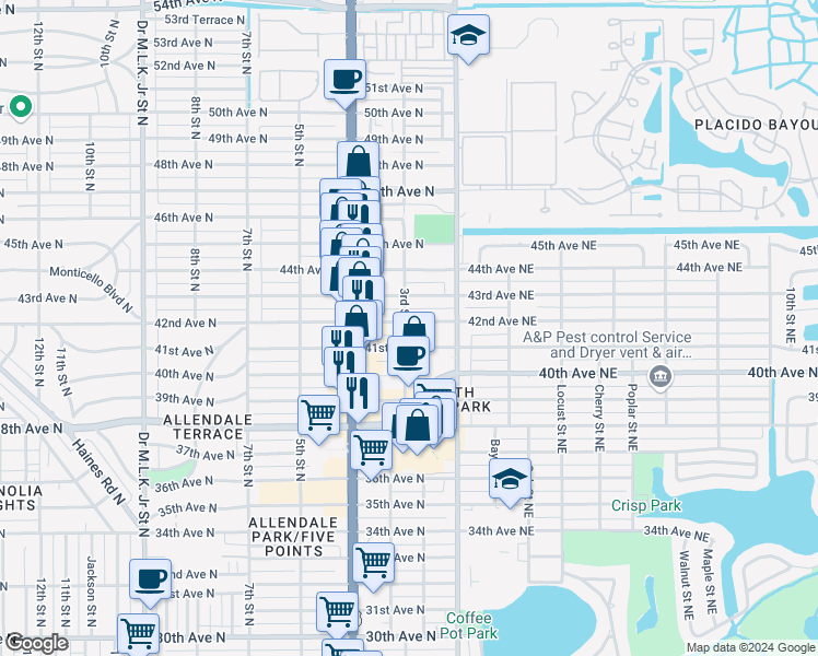 map of restaurants, bars, coffee shops, grocery stores, and more near 4175 3rd Street North in St. Petersburg