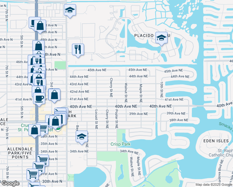 map of restaurants, bars, coffee shops, grocery stores, and more near 590 42nd Avenue Northeast in St. Petersburg