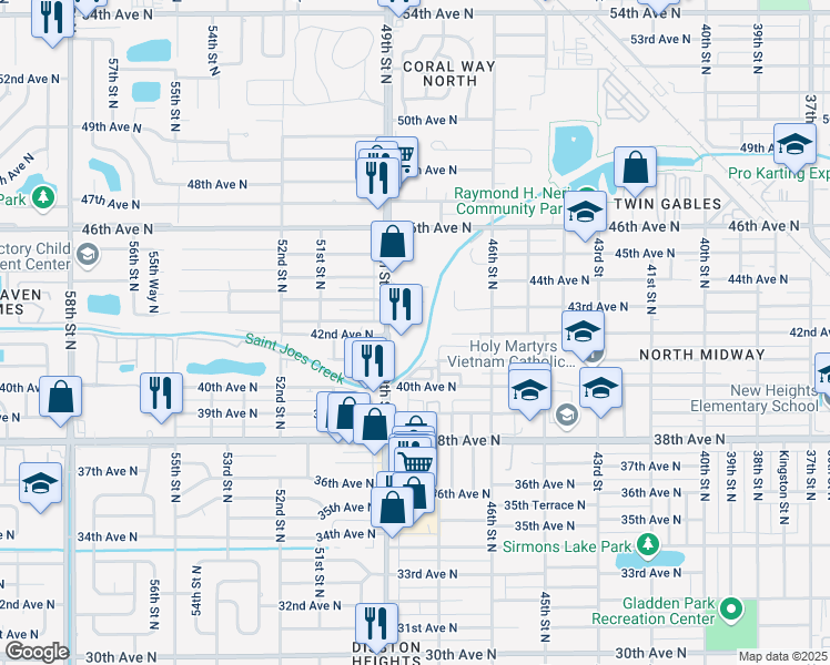 map of restaurants, bars, coffee shops, grocery stores, and more near 4201 49th Street North in St. Petersburg