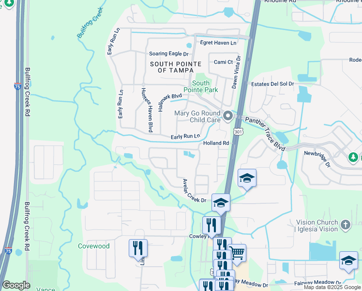 map of restaurants, bars, coffee shops, grocery stores, and more near 10302 Holland Road in Riverview