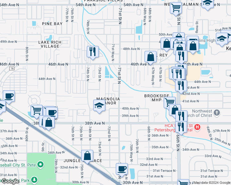 map of restaurants, bars, coffee shops, grocery stores, and more near 4246 Tyler Circle North in Saint Petersburg