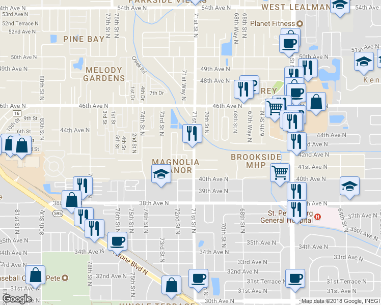 map of restaurants, bars, coffee shops, grocery stores, and more near 4234 Tyler Circle North in Saint Petersburg