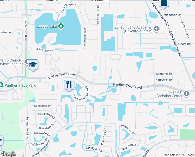 map of restaurants, bars, coffee shops, grocery stores, and more near 12423 Fairlawn Drive in Riverview