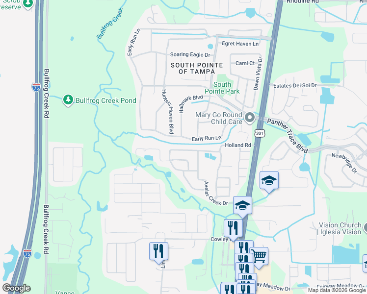 map of restaurants, bars, coffee shops, grocery stores, and more near 10220 Holland Road in Riverview