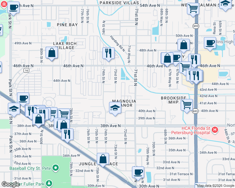 map of restaurants, bars, coffee shops, grocery stores, and more near 4233 73rd Street North in Saint Petersburg
