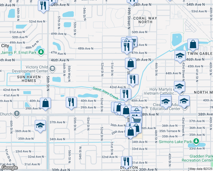 map of restaurants, bars, coffee shops, grocery stores, and more near 5140 42nd Place North in Saint Petersburg