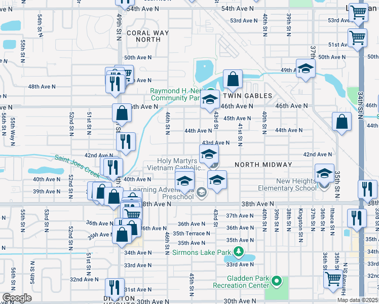 map of restaurants, bars, coffee shops, grocery stores, and more near 4423 42nd Avenue North in St. Petersburg